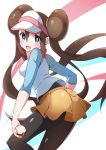  1girl absurdres black_legwear blush bow breasts brown_hair commentary_request double_bun highres holding holding_poke_ball legwear_under_shorts long_hair looking_at_viewer looking_back mei_(pokemon) miyama-san open_mouth pantyhose pink_bow poke_ball poke_ball_(basic) pokemon pokemon_(game) pokemon_bw2 raglan_sleeves shirt short_shorts shorts smile solo twintails very_long_hair visor_cap yellow_shorts 