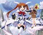  2girls ahoge ankle_wings black_bow black_bowtie blazer blue_eyes book bow bowtie brown_jacket brown_shoes brown_skirt english_commentary fingerless_gloves full_body gloves hair_ornament hair_ribbon hand_on_own_hip higa_yukari highres holding holding_staff jacket long_hair long_sleeves lyrical_nanoha mage_staff mahou_shoujo_lyrical_nanoha_strikers miniskirt multiple_girls open_book open_mouth outdoors pencil_skirt planet raising_heart raising_heart_(device_mode) reinforce_zwei ribbon ruins shirt shoes skirt sky smile staff standing standing_on_one_leg takamachi_nanoha takamachi_nanoha_(aggressor_mode) thighhighs tsab_ground_military_uniform twintails waist_cape watermark white_jacket white_ribbon white_shirt white_shoes white_skirt white_thighhighs wings winking_(animated) x_hair_ornament zettai_ryouiki 