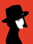  1girl black_hair bob_cut fedora greyscale_with_colored_background hat highres looking_at_viewer original portrait red_background short_hair tp_p_pt 