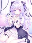  1girl :d black_bow black_dress black_ribbon blue_eyes blush bow breasts choker cleavage collarbone dress frilled_dress frills full_body hair_between_eyes hair_bow hair_ornament hair_ribbon heart highres large_breasts long_hair long_sleeves looking_at_viewer mary_janes open_mouth original puffy_short_sleeves puffy_sleeves purple_eyes purple_hair ribbon shirt shoes short_sleeves sitting skirt smile socks solo stuffed_animal stuffed_toy tail twintails two_side_up usami_cocoa very_long_hair wariza white_dress 