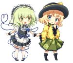  2girls arms_up bangs black_footwear black_headwear black_skirt black_vest blonde_hair blue_eyes blush boots chibi cosplay costume_switch crossover eyebrows_visible_through_hair finger_to_face fleur_de_lapin_uniform floral_print frilled_sleeves frills gochuumon_wa_usagi_desu_ka? green_eyes green_hair green_skirt hairband hat heart heart_of_string highres holding_hands kirima_sharo kirima_sharo_(cosplay) komeiji_koishi komeiji_koishi_(cosplay) lolita_hairband long_sleeves looking_at_another looking_at_viewer multiple_girls petticoat puffy_short_sleeves puffy_sleeves rose_print sachisudesu shirt short_sleeves skirt thighhighs third_eye touhou vest white_legwear white_shirt wide_sleeves wrist_cuffs yellow_shirt zettai_ryouiki 