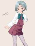  1girl absurdres aqua_bow aqua_bowtie bow bowtie collared_shirt dated dress dress_shirt grey_background grey_hair grey_pantyhose halter_dress halterneck highres kantai_collection looking_at_viewer maru_(marg0613) mole mole_on_neck one-hour_drawing_challenge pantyhose pleated_dress purple_dress school_uniform shirt short_hair simple_background solo swept_bangs tamanami_(kancolle) twitter_username white_shirt yellow_eyes 