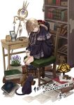  1girl :o absurdres ahoge barefoot black_cat book bookshelf boots braid brown_hair cat chair coffee coffee_mug cup flower_pot green_eyes hair_between_eyes highres holding holding_cup hood hooded_robe lamp long_hair long_sleeves looking_at_viewer monica_everett mug nabeshima_tetsuhiro on_chair open_mouth purple_robe ribbon robe silent_witch simple_background sitting solo staff weapon white_background 