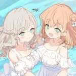  2girls :d alternate_costume aqua_eyes armpit_crease bare_shoulders blush braid breasts bun_with_braided_base ceras_yanagida_lilienfeld collarbone dress frilled_dress frills grey_hair hair_bun half_up_braid half_updo hanazora_satsuki hinoshita_kaho holding_hands interlocked_fingers large_breasts link!_like!_love_live! long_hair looking_at_viewer love_live! multiple_girls off-shoulder_dress off_shoulder open_mouth orange_hair single_hair_bun smile spaghetti_strap unfinished virtual_youtuber white_dress 