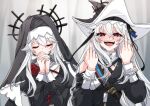  2girls arknights black_dress black_veil closed_eyes clothing_cutout dress dual_persona facing_viewer flower hat highres juliet_sleeves long_hair long_sleeves looking_at_viewer middle_finger multiple_girls open_mouth own_hands_clasped own_hands_together photo-referenced puffy_sleeves red_eyes rose shoulder_cutout specter_(arknights) specter_the_unchained_(arknights) tsume3mai two-tone_hat upper_body veil white_hair 