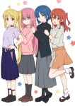  4girls :d absurdres ahoge black_shirt black_shoes black_socks blonde_hair blue_choker blue_eyes blue_hair blue_skirt bocchi_the_rock! brown_shoes choker closed_mouth collared_shirt commentary_request gotoh_hitori green_eyes grey_shirt grey_skirt hair_between_eyes highres ijichi_nijika jacket kessoku_band kita_ikuyo loafers long_hair long_sleeves mary_janes mimori_(mimori_05) multiple_girls one_side_up orange_skirt pink_hair pink_jacket pleated_skirt purple_shirt red_eyes red_hair shirt shoes short_hair short_sleeves skirt smile socks star_(symbol) t-shirt track_jacket white_socks yamada_ryo yellow_eyes 