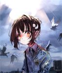  1girl bangs bird blood blood_on_face brown_hair child cloud cloudy_sky collared_shirt commentary earrings english_commentary hair_bun hair_ornament halo highres jewelry looking_at_viewer multiple_earrings orange_eyes original outdoors shirt short_hair sky solo_focus sunlight tokikosann upper_body 