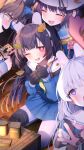  4girls :d black_hair blue_archive blue_serafuku blue_shirt blue_skirt blush brown_eyes brown_gloves brown_hair closed_eyes coke-bottle_glasses commentary_request glasses gloves green_neckerchief grey-framed_eyewear grey_hair headgear helmet highres knee_pads leaf leaf_on_head long_hair miyako_(blue_archive) miyu_(blue_archive) moe_(blue_archive) multiple_girls neckerchief pantyhose pink_gloves pink_neckerchief pleated_skirt profile purple_eyes rabbit_platoon_(blue_archive) red_eyes round_eyewear sailor_collar saki_(blue_archive) school_uniform serafuku shiika_yuno shirt skirt smile v very_long_hair white_helmet white_pantyhose white_sailor_collar 