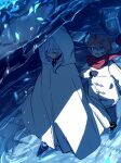  1boy 1girl :d age_difference aged_down ahoge arm_out_of_frame bandaid bandaid_on_cheek bandaid_on_face black_gloves blue_eyes cloak closed_eyes closed_mouth coat double-parted_bangs expressionless following from_above full_body genshin_impact gloves grey_pants hair_between_eyes hand_up height_difference highres hood hood_up hooded_cloak long_sleeves looking_at_another open_mouth orange_hair pants ra_suya red_scarf ripples scarf short_hair sidelighting sketch skirk_(genshin_impact) smile standing tartaglia_(genshin_impact) u_u very_short_hair wading water_drop white_cloak white_coat white_hair winter_clothes winter_coat 