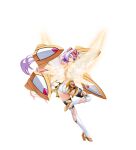  1girl ass azarin_(kouyoku_senki_exs-tia) boots breasts exs-tia_magica floating floating_object floating_weapon full_body game_cg gloves hair_intakes headgear high_heel_boots high_heels highres inoino kouyoku_senki_exs-tia large_variant_set leg_up leotard long_hair non-web_source official_art one_eye_closed purple_eyes purple_hair scarf shield skirt solo thigh_boots thighhighs torn_clothes torn_skirt torn_thighhighs transparent_background variant_set white_leotard wings 