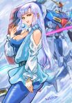  1girl absurdres bare_shoulders blue_pants breasts cleavage commentary crescent dated earrings gundam gundam_zz highres jewelry large_breasts long_hair looking_at_viewer mecha medium_breasts mobile_suit okrdisk2000 open_mouth pants purple_hair robot roux_louka science_fiction smile solo tight_clothes tight_pants v-fin yellow_eyes zeta_gundam zeta_gundam_(mobile_suit) 