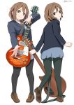  1girl black_jacket black_pantyhose blue_skirt brown_hair brown_shoes closed_mouth electric_guitar from_behind full_body guitar hair_ornament hairclip highres hirasawa_yui holding holding_guitar holding_instrument instrument jacket k-on! loafers looking_at_viewer pantyhose parallel_hairclips pleated_skirt sakuragaoka_high_school_uniform school_uniform shoes short_hair simple_background skirt smile standing twitter_username white_background yellow_eyes yuiui_keion 
