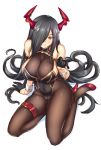  1girl adapted_costume arm_support azur_lane bangs bare_shoulders black_gloves black_hair black_leotard bodysuit breasts cleavage closed_mouth commentary_request covered_navel detached_sleeves fishnet_bodysuit fishnets friedrich_der_grosse_(azur_lane) gloves hair_ornament hair_over_one_eye half_gloves high_heels horns impossible_clothes large_breasts leotard long_hair looking_at_viewer puffy_short_sleeves puffy_sleeves red_footwear red_horns shirokuma_a short_sleeves simple_background sitting smile solo thigh_strap very_long_hair white_background wrist_cuffs yellow_eyes 