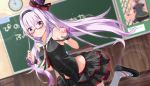  .live 1girl bespectacled blurry blurry_background breasts carro_pino chalkboard commentary_request glasses hat headband highres leg_up long_hair looking_at_viewer namae_hamada purple_eyes purple_hair sleeveless solo virtual_youtuber 