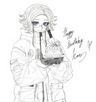  2boys absurdres ahoge aotsuki_eito birthday_cake blue_eyes cake chibi drawstring food gift_art glasses gloves happy_birthday hashtag-only_commentary highres holding holding_plate jacket looking_at_viewer male_focus monochrome multiple_boys on_food plate short_hair smile spot_color sumino_takumi takumi_go_lucky the_hundred_line_-last_defense_academy- 