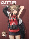  1girl animal_ears arknights armpits blush brown_hair character_name chibi closed_mouth copyright_name cowboy_shot cutter_(arknights) hair_ornament hair_tie hair_tie_in_mouth hairclip highres leo_(user_vfpk2225) light_smile looking_at_viewer mouth_hold pouch red_eyes red_shirt shadow shirt short_hair sleeveless sleeveless_shirt solo standing star_(symbol) strap topknot turtleneck turtleneck_shirt tying_hair watermark x_hair_ornament 