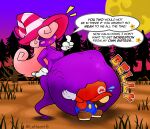 2023 after_vore beldam_(mario) belly big_belly breasts clothing female gloves group hair handwear hi_res human humanoid leheart male mammal marilyn_(mario) mario mario_bros moon nintendo outside overweight paper_mario paper_mario:_the_thousand_year_door pink_hair purple_body purple_sky shadow_siren sky speech_bubble text vivian_(mario) vore