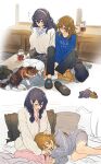  2girls 404no2929 animal_on_lap black_cat black_hair black_pants black_slippers blue_shirt blush breasts brown_cat brown_hair cat cat_cafe cat_on_lap closed_eyes closed_mouth commentary_request grey_shirt hairband hand_on_another&#039;s_head highres indoors jar lap_pillow large_breasts long_hair long_sleeves looking_at_another miya_(404no2929) multiple_girls on_bed on_lap original pants pillow pink_pants shion_(404no2929) shirt slippers socks sweater translated unworn_slippers white_cat white_hairband white_socks white_sweater yuri 