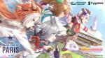  5girls :d ahoge animal_ears bare_shoulders black_gloves blade_of_grass blast_onepiece_(umamusume) blonde_hair blurry blurry_background boots bow braid brown_hair chrono_genesis_(umamusume) clenched_teeth commentary_request copyright_name copyright_notice crowd cygames detached_sleeves ear_bow ear_ornament english_commentary english_text epaulettes fingerless_gloves france french_commentary furrowed_brow gloves gold_ship_(umamusume) green_shirt grey_hair hair_between_eyes hair_ornament half_up_braid hand_up hat highres horse horse_ears horse_girl horse_racing_track jacket jockey knee_up long_hair long_sleeves looking_ahead multicolored_hair multiple_girls official_art open_mouth orange_hair orfevre_(umamusume) pants parted_bangs purple_bow racetrack running satono_diamond_(umamusume) second-party_source shirt sidelocks sky sleeveless sleeveless_jacket sleeves_past_fingers sleeves_past_wrists smile teeth twintails umamusume upper_teeth_only v-shaped_eyebrows white_boots white_gloves white_jacket white_pants white_shirt 