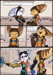 anthro blush clothed clothed_female clothed_male clothing comic cybernetic_arm cybernetic_limb dialogue duo ear_piercing ear_ring english_text eyes_closed eyewear eyewear_on_head female fur goggles goggles_on_head hair hammer hi_res lombax male mammal open_mouth piercing ratchet_(ratchet_and_clank) ratchet_and_clank ratchet_wrench ring_piercing rivet_(ratchet_and_clank) sony_corporation sony_interactive_entertainment tail text time_fluffy500 tools white_body white_fur white_hair yellow_body yellow_fur