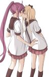  2girls black_bow black_sailor_collar black_socks blush bow closed_eyes commentary_request hair_bow highres kiss kneehighs long_hair multiple_girls nanamori_school_uniform neck_blush pleated_skirt ponytail purple_eyes purple_hair purple_skirt sailor_collar school_uniform shirt simple_background skirt socks sugiura_ayano surprise_kiss surprised sweat syonosuke9573 toshinou_kyouko very_long_hair white_background white_shirt yuri yuruyuri 
