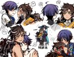  2boys absurdres blood blood_on_clothes blood_on_face blood_on_hands blue_hair bowl_cut dark-skinned_male dark_skin genshin_impact green_eyes highres male_focus multiple_boys scaramouche_(genshin_impact) sethos_(genshin_impact) slapping usa_chins wanderer_(genshin_impact) 