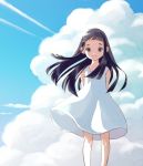  1girl arms_behind_back backlighting bangs bare_arms bare_legs bare_shoulders black_eyes black_hair blue_sky blue_theme blunt_bangs child closed_mouth clothes_lift cloud cloudy_sky collarbone condensation_trail day dot_nose dress feet_out_of_frame floating_hair goto_hime happy hime_cut kakushigoto legs_apart long_hair looking_at_viewer no_(13680486) outdoors shiny shiny_hair short_dress sidelocks sky sleeveless sleeveless_dress smile solo standing tareme white_dress white_theme wind wind_lift 