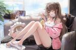  1girl absurdres bare_shoulders black_shorts blush bottle breasts brown_eyes brown_hair cleavage collarbone couch finger_heart girls&#039;_frontline girls&#039;_frontline_2:_exilium hand_up highres holding holding_bottle indoors jacket k2_(girls&#039;_frontline) knees_up legs long_hair long_sleeves looking_at_viewer mask mask_lift medium_breasts mouth_mask off_shoulder on_couch one_eye_closed one_side_up open_mouth pink_jacket puffy_long_sleeves puffy_sleeves short_shorts shorts slippers smile solo strap_slip thighs toenails toes white_mask yoohee_(girls&#039;_frontline_2) zije 