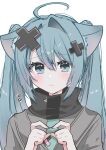 1girl absurdres ahoge animal_ear_fluff animal_ears aqua_eyes aqua_hair aqua_nails batsu_miku blush closed_mouth flying_sweatdrops grey_jacket hair_between_eyes hair_ornament hatsune_miku highres jacket kowareta_sekai_to_utaenai_miku long_hair project_sekai ria_art simple_background solo turtleneck turtleneck_jacket twintails upper_body very_long_hair vocaloid white_background x_hair_ornament 