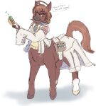 agnes_tachyon_(pretty_derby) alternate_species ambiguous_gender brown_body brown_fur brown_hair clothing coat cygames dialogue english_text equid equid_taur equine equine_taur food fur grey_hooves grey_nose hair hi_res hooves horse horse_taur lab_coat laboratory_equipment laboratory_glassware leg_markings mammal mammal_taur markings red_eyes satchel scientific_instrument socks_(marking) solo speech_bubble standing sweater taco taur test_tube text topwear uma_musume_pretty_derby welcometaco white_markings yellow_hooves