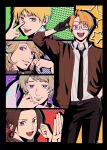  5boys ahoge america_(hetalia) axis_powers_hetalia belt black_belt black_border black_gloves black_jacket black_necktie black_pants blonde_hair blue_eyes border brown_eyes brown_hair brown_jacket china_(hetalia) clenched_hand closed_mouth collared_shirt commentary_request cowboy_shot facial_hair fingernails france_(hetalia) glasses gloves green_background green_eyes grey-framed_eyewear grey_hair hand_in_pocket hand_up hands_up highres jacket long_hair long_sleeves looking_at_viewer low_ponytail male_focus motion_lines multiple_boys necktie one_eye_closed open_clothes open_jacket open_mouth orange_background pants polka_dot polka_dot_background ponytail puffy_long_sleeves puffy_sleeves purple_background purple_eyes purple_shirt red_background russia_(hetalia) saiki_illust2 scarf semi-rimless_eyewear shadow shirt short_hair sidelocks signature smile sparkle standing star_(symbol) teeth tongue tongue_out united_kingdom_(hetalia) v v-shaped_eyebrows white_scarf white_shirt 