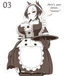  black_choker black_eyes breasts buttons choker cleavage_cutout clothing_cutout dress gloves highres holding holding_plate large_breasts made_in_abyss maid ozen plate short_hair smugbuns solo thighhighs thighs tight_clothes tight_dress 