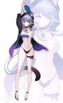  1girl ;3 absurdres animal_ear_fluff animal_ears aqua_eyes arms_up bandeau bikini black_choker black_jacket blush breasts cat_ears cat_tail choker cipher_(honkai:_star_rail) commentary grey_hair groin high_heels highres honkai:_star_rail honkai_(series) hood jacket kyundoo large_breasts looking_at_viewer medium_hair mole mole_on_chest navel one_eye_closed open_clothes open_jacket simple_background standing stomach strapless strapless_bikini stretching swimsuit tail thighs white_background zoom_layer 