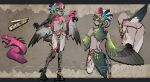  1girl animal animal_ears animal_hands ass bird_ears bird_tail breasts brown_background claws commentary digitigrade feather_hair feathers green_feathers green_hair grey_feathers harpy headdress highres kyuri_tizu monster_girl multiple_views navel original pink_eyes pink_feathers small_breasts snake symbol-only_commentary tail talons 