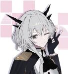  1girl absurdres aiguillette arknights ascot black_ascot black_gloves black_horns black_jacket black_skirt buttons commentary_request copyright_name epaulettes fingerless_gloves gloves grey_eyes grey_hair hair_between_eyes hair_intakes highres horns jacket long_sleeves looking_at_viewer magic medium_hair one_eye_closed skirt smile solo talulah_(arknights) talulah_the_fighter_(arknights) upper_body v white_background yawaraka_oneechan 