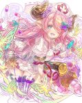 1girl :d animal blue_eyes breasts bug butterfly commentary_request dress garter_straps granblue_fantasy hair_over_one_eye haku_(sabosoda) hat highres horns katana large_breasts large_syringe looking_at_viewer narmaya_(granblue_fantasy) nurse nurse_cap oversized_object pill pink_hair pointy_ears puffy_short_sleeves puffy_sleeves sheath sheathed short_sleeves smile solo striped_clothes striped_thighhighs sword syringe thermometer thighhighs vertical-striped_clothes vertical-striped_thighhighs weapon white_background white_dress 