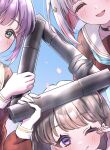  3girls ;) black_choker black_gloves blue_background blue_sky blush brown_hair choker collarbone colored_inner_hair commentary_request diploma_tube falling_petals fujishima_megumi gloves graduation green_eyes grey_hair hair_ornament half-heart_hands hand_on_own_cheek hand_on_own_face highres hiyori_(20hiyori727) holding link!_like!_love_live! long_hair looking_at_viewer love_live! multicolored_hair multiple_girls o-ring o-ring_choker one_eye_closed otomune_kozue petals pink_petals purple_eyes purple_hair red_hair short_hair sidelocks simple_background sky smile star_(symbol) star_hair_ornament streaked_hair triangle two_side_up virtual_youtuber yugiri_tsuzuri 