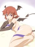  areola_slip areolae bat_wings black_gloves blush closed_mouth commentary_request demon_girl demon_tail elbow_gloves gloves head_wings highres ishuzoku_reviewers looking_at_viewer lying nana_(pixiv38473214) on_side pointy_ears red_eyes red_hair short_hair smile tail wings 