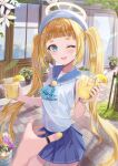  1girl 1other absurdres aqua_ascot beret blonde_hair blue_eyes blue_sailor_collar blue_skirt blunt_bangs blurry blurry_foreground blush bracelet collarbone commentary_request contrapposto cowboy_shot cup day drinking_straw fingernails floating_hair flower food frilled_sailor_collar frills fruit glass halo hat highres holding holding_cup ice ice_cube jewelry lemon lemon_slice lemonade long_hair looking_at_viewer matsumoto_yuu miniskirt nail_polish one_eye_closed open_mouth original out_of_frame outdoors path plant pleated_skirt potted_plant pov reflection sailor_collar school_uniform serafuku shirt skirt sleeveless sleeveless_shirt smile solo_focus summer summer_uniform sunlight tile_floor tiles tree twintails very_long_hair white_flower white_hat white_shirt window yellow_halo yellow_nails 