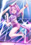  1girl :d absurdres animal_ears anniversary arm_up blush bow breasts clenched_hands commentary_request ear_bow flower-shaped_pupils full_body hair_intakes hairband hand_up haru_urara_(umamusume) highres horse_ears horse_girl horse_tail long_hair looking_at_viewer midair midriff moko39_takasora navel pink_hair ponytail purple_eyes red_hairband red_scrunchie red_shorts sandals scrunchie shirt short_shorts short_sleeves shorts small_breasts smile solo symbol-shaped_pupils tail tied_shirt umamusume white_bow white_sandals white_shirt wrist_scrunchie 