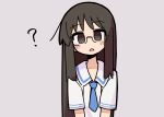  1girl ? black_eyes black_hair blush_stickers fusazakura glasses highres long_hair minakami_mai necktie nichijou school_uniform simple_background solo tokisadame_school_uniform 