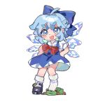  1girl blue_bow blue_dress blue_eyes blue_hair blue_shirt blush bow cirno collar collared_shirt dress embodiment_of_scarlet_devil fairy_wings frilled_shirt_collar frills frog ice ice_wings juliet_sleeves kuzucirno long_sleeves looking_at_viewer mary_janes puffy_sleeves red_bow self-upload shirt shoes short_hair single_shoe skirt socks stepped_on touhou white_background wings 