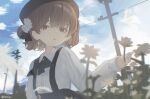  1girl black_bow black_bowtie black_skirt blue_sky bow bowtie brown_eyes brown_hair day flower hair_flower hair_ornament hatoba_tsugu linchuanzelaip long_sleeves looking_at_viewer outdoors power_lines shirt short_hair skirt sky solo suspender_skirt suspenders tsugu_(vtuber) upper_body virtual_youtuber white_flower white_shirt 