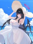  1girl absurdres alternate_costume bare_arms bare_shoulders black_hair black_wings blue_archive blunt_bangs blush breasts covered_nipples dress halo hat highres large_breasts long_hair looking_at_viewer musclexm open_clothes red_eyes red_halo see-through_clothes see-through_dress solo sun_hat teeth tsurugi_(blue_archive) upper_teeth_only white_dress wings yellow_hat 