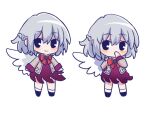  1girl angel_wings bow bowtie braid chibi chibi_only closed_mouth commentary covering_own_mouth dress grey_hair hashtag-only_commentary jacket kishin_sagume long_sleeves looking_at_viewer multiple_views open_clothes open_jacket purple_dress red_bow red_bowtie silverrain simple_background single_wing smile suit_jacket touhou white_background white_wings wings 