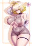  1girl ahoge alcohol arm_behind_head artist_name bare_shoulders belly black_panties blonde_hair blush breasts center_opening champagne champagne_flute cleavage cleavage_cutout clothing_cutout commentary cup dress drinking_glass elbow_gloves elegg_(nikke) english_commentary evening_gown fang gloves goddess_of_victory:_nikke grey_dress hair_over_eyes halter_dress halterneck heart heart_ahoge highleg highleg_panties highres huge_breasts large_breasts nipples panties panty_peek plump puffy_nipples revealing_clothes revision see-through_clothes see-through_dress sevie short_hair sideboob sideboob_cutout signature skindentation sleeveless sleeveless_dress smile solo standing tan thick_thighs thigh_strap thighs underboob underboob_cutout underwear white_gloves wide_hips 