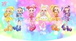  6+girls ahoge ankle_boots aqua_dress aqua_eyes aqua_hat aqua_sleeves artist_request asuka_momoko bead_bracelet beads blonde_hair blue_boots blue_gloves blush boots bow bracelet brooch brown_eyes character_name child closed_mouth copyright_name curled_ends dot_nose double_bun dress dress_bow earrings eighth_note english_text forehead fujiwara_hazuki full_body glove_cuffs gloves hair_bun hair_ornament hair_rings hair_tie half_updo hand_on_own_hip harukaze_doremi hat high_heel_boots high_heels jewelry knees_apart_feet_together layered_dress light_particles logo long_hair low-tied_hair_ring low_twintails magical_girl majorika makihatayama_hana multiple_girls musical_note musical_note_hair_ornament official_art ojamajo_doremi open_mouth orange_boots orange_dress orange_gloves orange_hat orange_sleeves own_hands_clasped own_hands_together pearl_earrings pink_boots pink_dress pink_eyes pink_gloves pink_hat pink_sleeves pointy_boots puffy_short_sleeves puffy_sleeves purple_boots purple_dress purple_eyes purple_gloves purple_hat purple_sleeves red_hair second-party_source segawa_onpu semi-transparent_background senoo_aiko short_dress short_hair short_sidetail short_sleeves simple_background sparkle sparkle_background split_mouth star_(symbol) toei_animation tongue training_tap twintails very_long_hair white_boots white_bow white_dress white_gloves white_hat white_sleeves white_wings wing_hair_ornament winged_boots wings witch witch_hat yellow_boots yellow_dress yellow_eyes yellow_gloves yellow_hat yellow_sleeves 