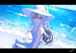  1girl absurdres alternate_costume alternate_hairstyle bare_arms bare_shoulders beach black_hair blue_archive blush bow closed_mouth dress ear_piercing hair_between_eyes hat hat_bow highres kayoko_(blue_archive) long_hair looking_at_viewer megumi_kei multicolored_hair ocean piercing red_eyes sleeveless sleeveless_dress smile solo sun_hat two-tone_hair white_bow white_dress white_hair yellow_hat 