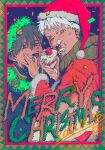 2boys alternate_costume black_hair cake commentary dated finger_in_another&#039;s_mouth food green_santa_costume hair_between_eyes hat highres hikaru_ga_shinda_natsu holding holding_cake holding_food indou_hikaru looking_at_viewer male_focus merry_christmas mokumokuren_(mokmok_len) mole mole_under_eye mole_under_mouth multiple_boys outside_border red_pupils santa_costume santa_hat symbol-only_commentary tsujinaka_yoshiki upper_body white_hair 