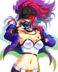  1girl \m/ akali bare_shoulders baseball_cap bazz000033 belt belt_buckle black_choker black_gloves black_nails blue_eyes breasts buckle choker cleavage cropped_jacket fingerless_gloves gloves hat highres jacket jewelry k/da_(league_of_legends) k/da_akali league_of_legends long_hair mask medium_breasts midriff mouth_mask nail_polish navel neck_ring puffer_jacket purple_jacket red_hair sidelocks solo upper_body zoom_layer 